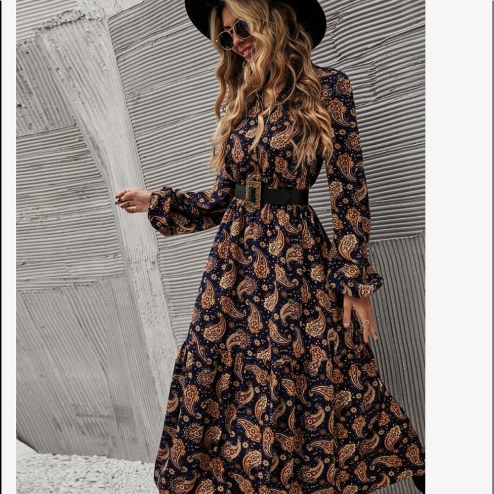 Boho Gypsy Paisley Floral Print Long Sleeve Shirt Dress Without Belt - Picture 1 of 7